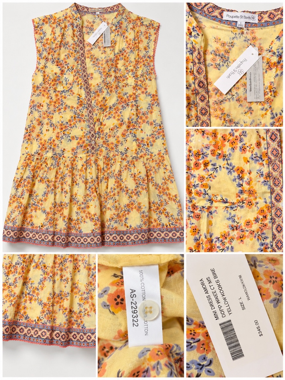 NWT Poupette St Barth Amora Mini Dress Yellow Kookoo Bird Cotton L